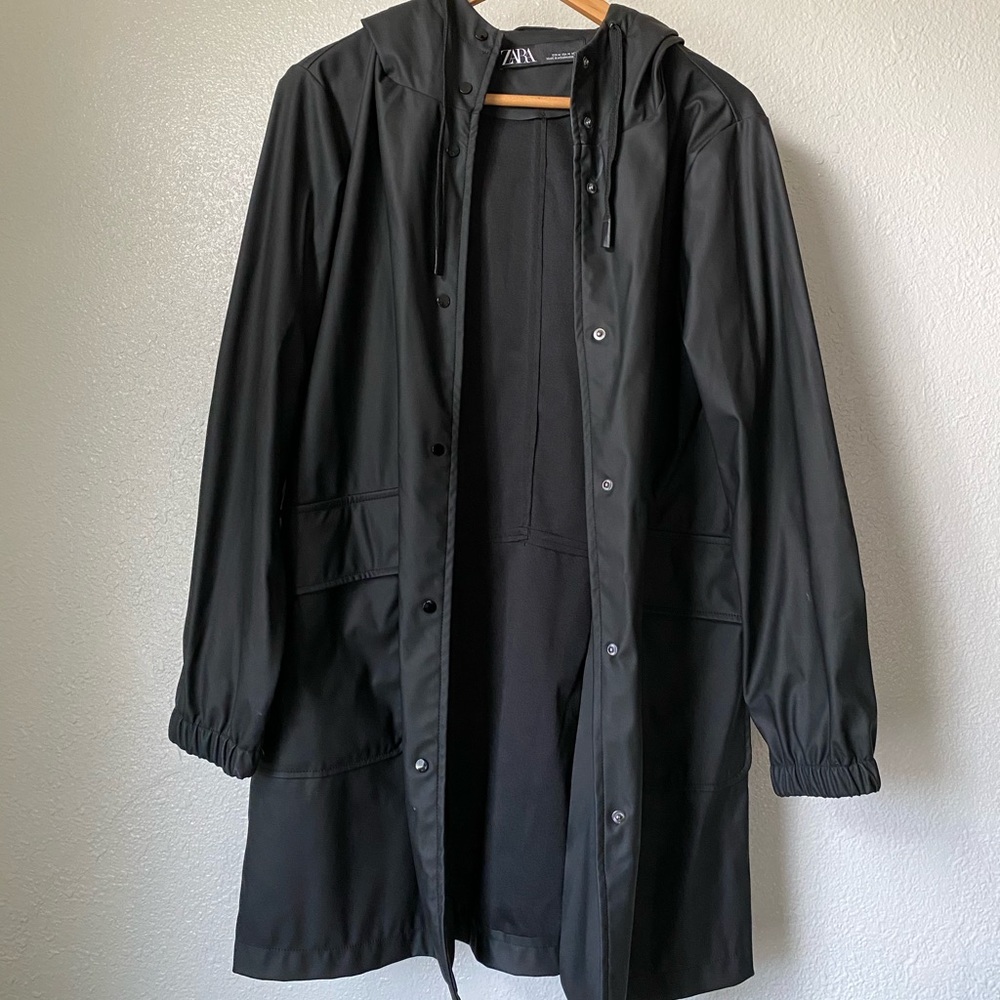ZARA Hooded Rain Coat Black US Medium